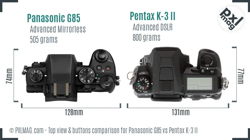 Panasonic G85 vs Pentax K-3 II top view buttons comparison