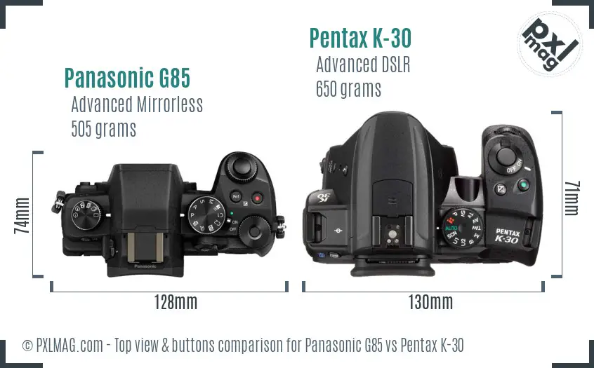 Panasonic G85 vs Pentax K-30 top view buttons comparison