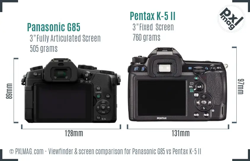 Panasonic G85 vs Pentax K-5 II Screen and Viewfinder comparison