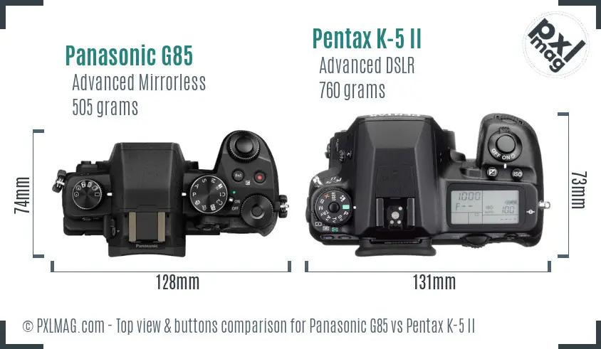Panasonic G85 vs Pentax K-5 II top view buttons comparison