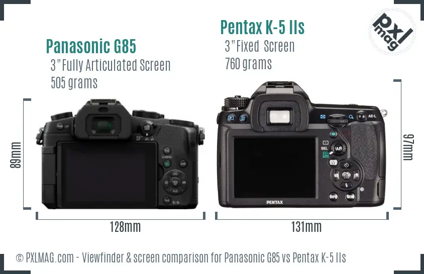 Panasonic G85 vs Pentax K-5 IIs Screen and Viewfinder comparison