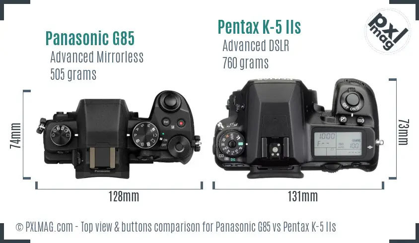 Panasonic G85 vs Pentax K-5 IIs top view buttons comparison