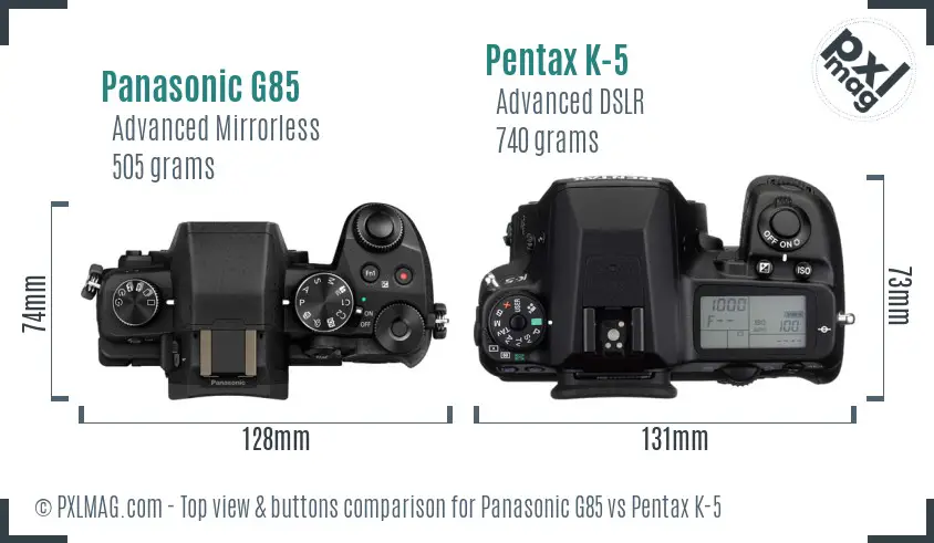 Panasonic G85 vs Pentax K-5 top view buttons comparison