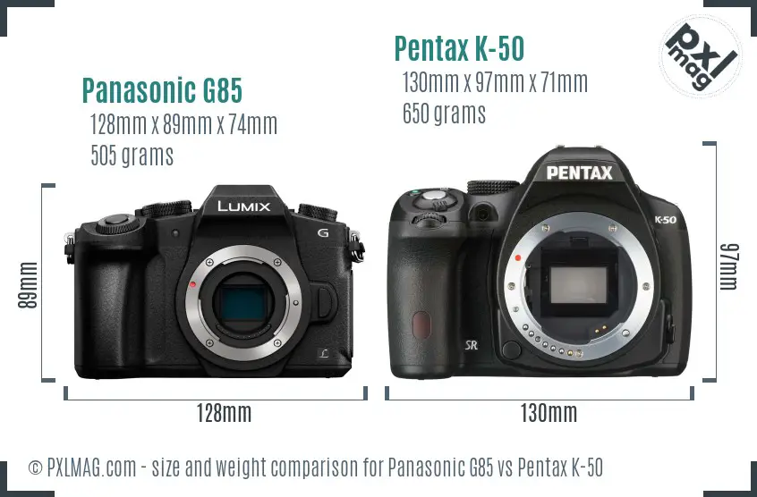 Panasonic G85 vs Pentax K-50 size comparison