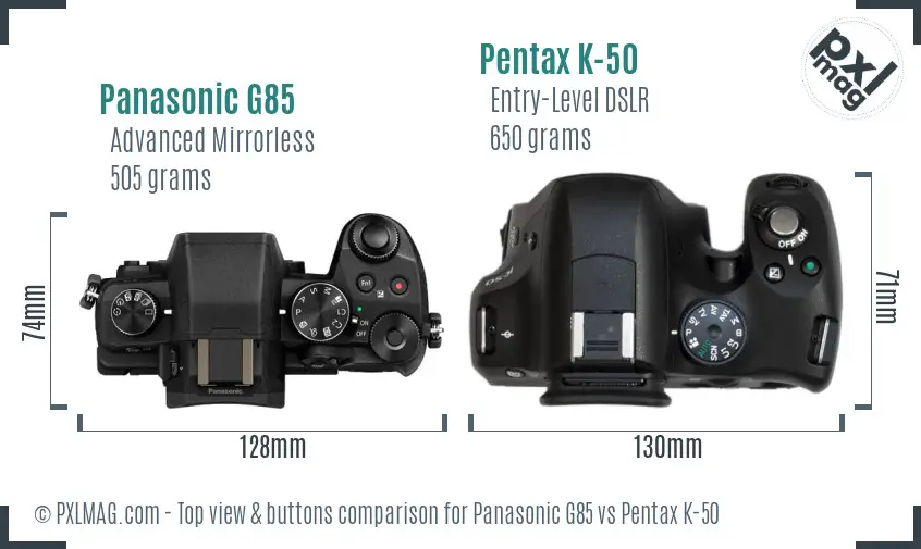 Panasonic G85 vs Pentax K-50 top view buttons comparison