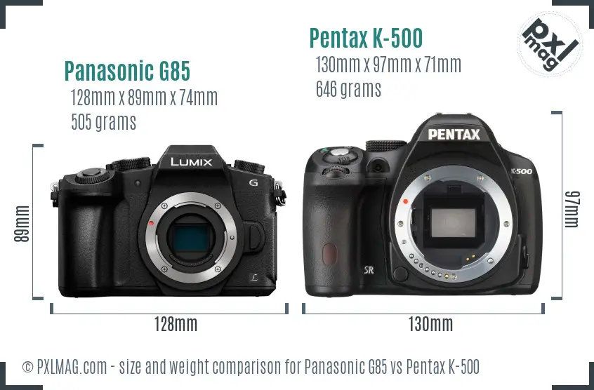 Panasonic G85 vs Pentax K-500 size comparison