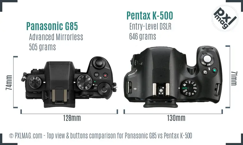 Panasonic G85 vs Pentax K-500 top view buttons comparison