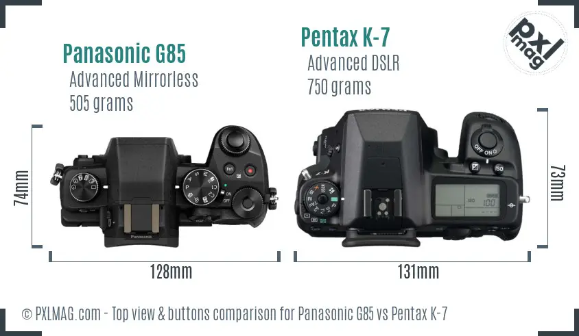 Panasonic G85 vs Pentax K-7 top view buttons comparison