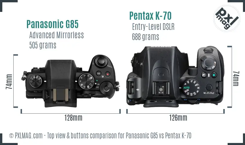 Panasonic G85 vs Pentax K-70 top view buttons comparison