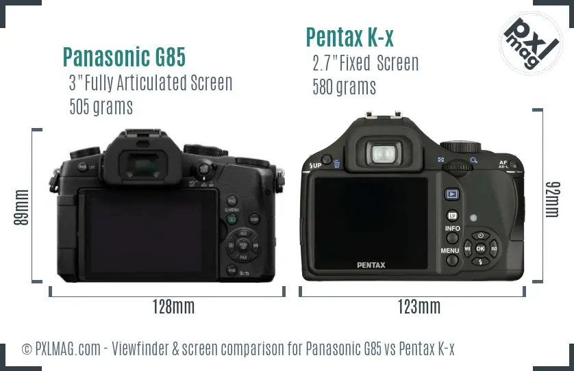 Panasonic G85 vs Pentax K-x Screen and Viewfinder comparison