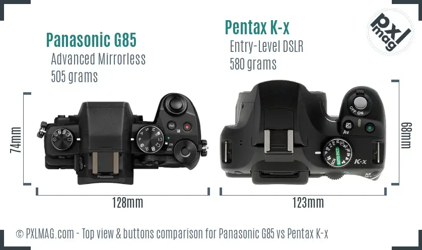 Panasonic G85 vs Pentax K-x top view buttons comparison