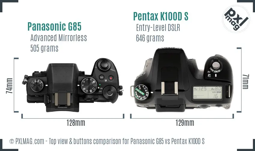 Panasonic G85 vs Pentax K100D S top view buttons comparison