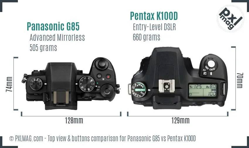 Panasonic G85 vs Pentax K100D top view buttons comparison
