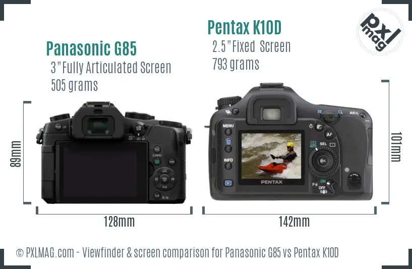 Panasonic G85 vs Pentax K10D Screen and Viewfinder comparison