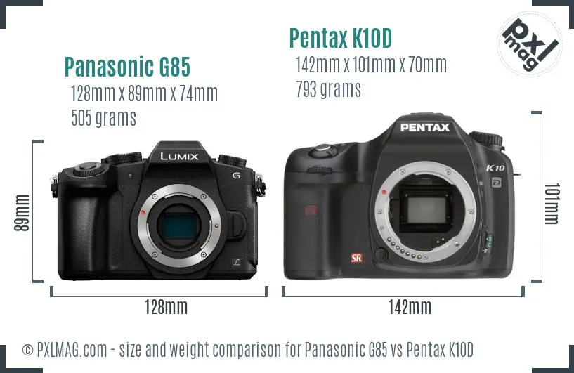 Panasonic G85 vs Pentax K10D size comparison