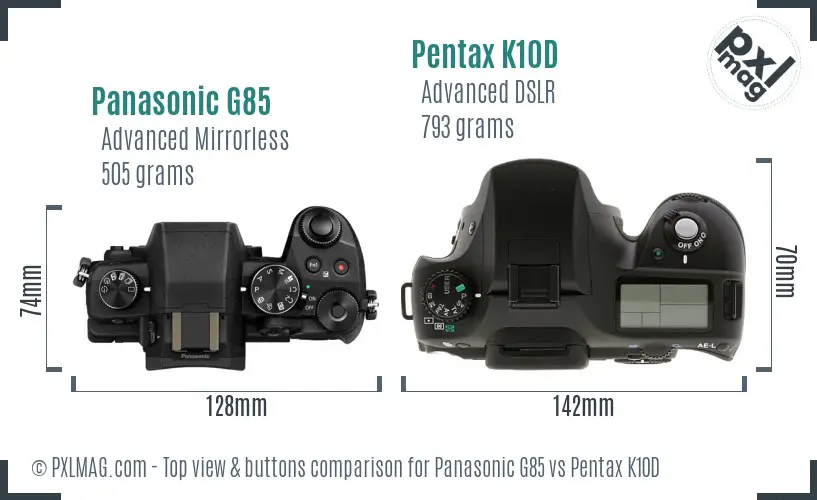 Panasonic G85 vs Pentax K10D top view buttons comparison