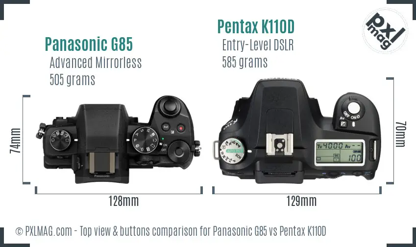 Panasonic G85 vs Pentax K110D top view buttons comparison