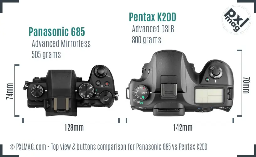 Panasonic G85 vs Pentax K20D top view buttons comparison