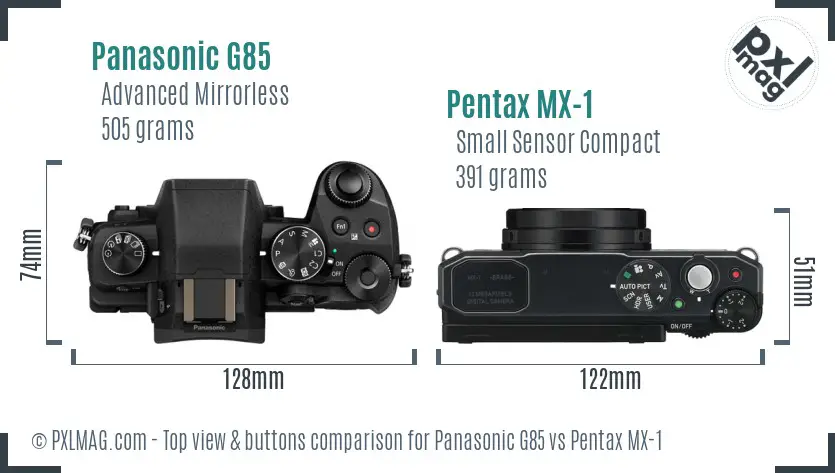 Panasonic G85 vs Pentax MX-1 top view buttons comparison