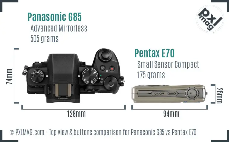 Panasonic G85 vs Pentax E70 top view buttons comparison