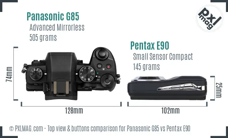 Panasonic G85 vs Pentax E90 top view buttons comparison