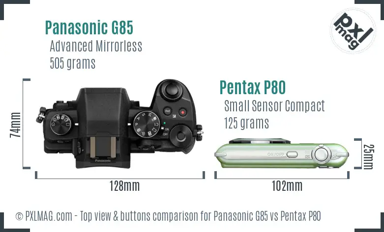 Panasonic G85 vs Pentax P80 top view buttons comparison