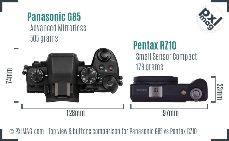 Panasonic G85 vs Pentax RZ10 top view buttons comparison