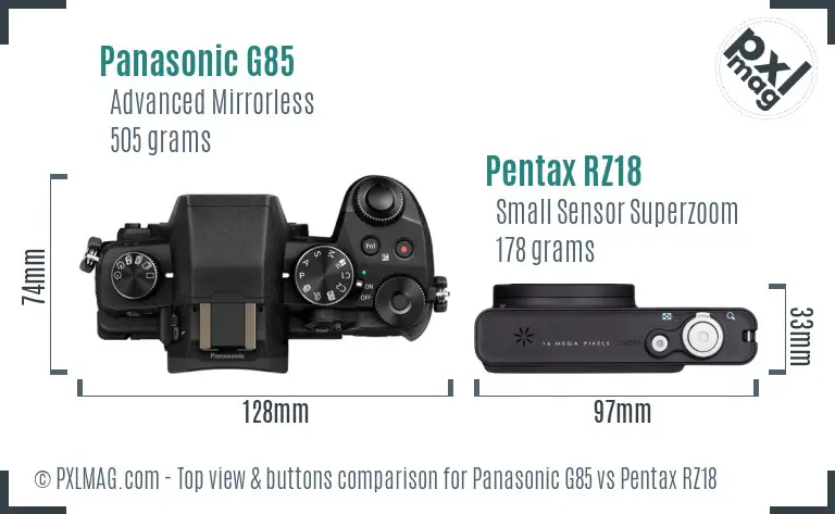 Panasonic G85 vs Pentax RZ18 top view buttons comparison