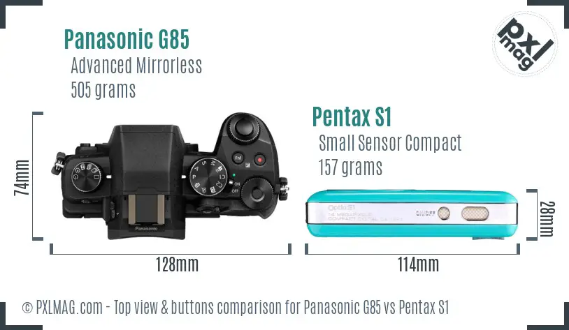 Panasonic G85 vs Pentax S1 top view buttons comparison