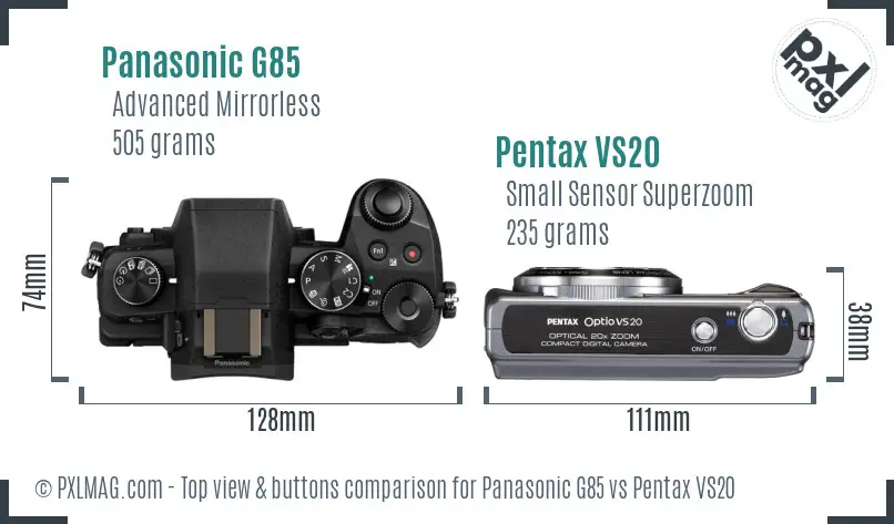Panasonic G85 vs Pentax VS20 top view buttons comparison