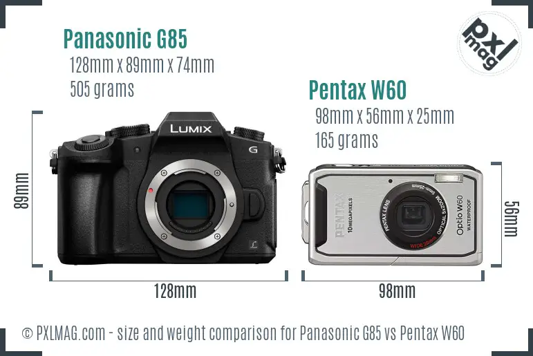 Panasonic G85 vs Pentax W60 size comparison
