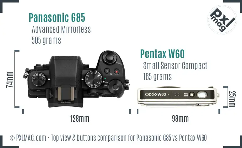 Panasonic G85 vs Pentax W60 top view buttons comparison