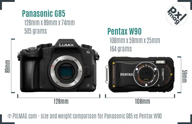 Panasonic G85 vs Pentax W90 size comparison