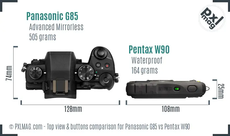 Panasonic G85 vs Pentax W90 top view buttons comparison