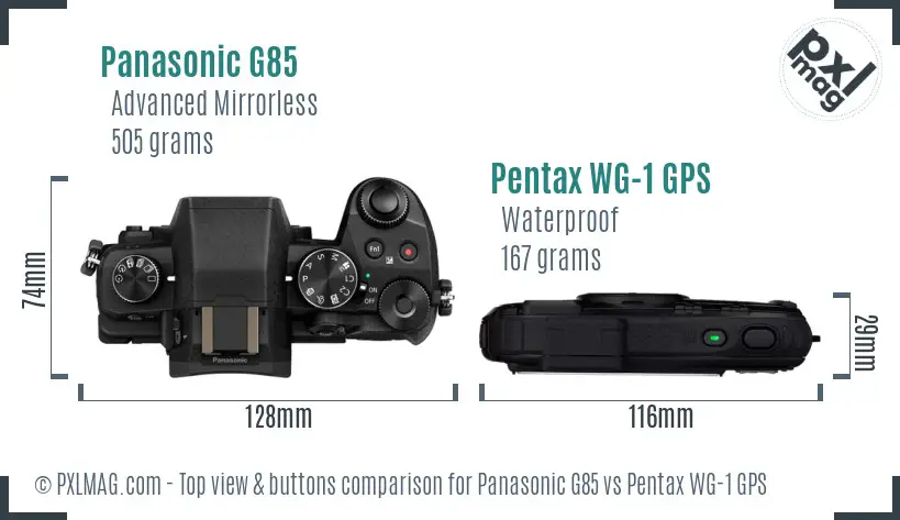 Panasonic G85 vs Pentax WG-1 GPS top view buttons comparison
