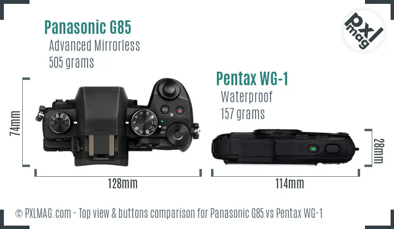 Panasonic G85 vs Pentax WG-1 top view buttons comparison