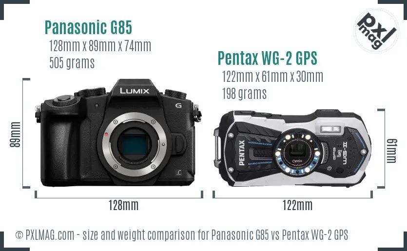Panasonic G85 vs Pentax WG-2 GPS size comparison