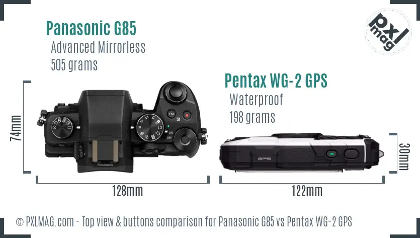 Panasonic G85 vs Pentax WG-2 GPS top view buttons comparison