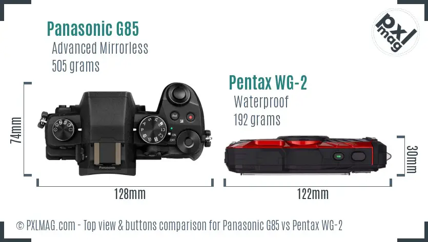 Panasonic G85 vs Pentax WG-2 top view buttons comparison