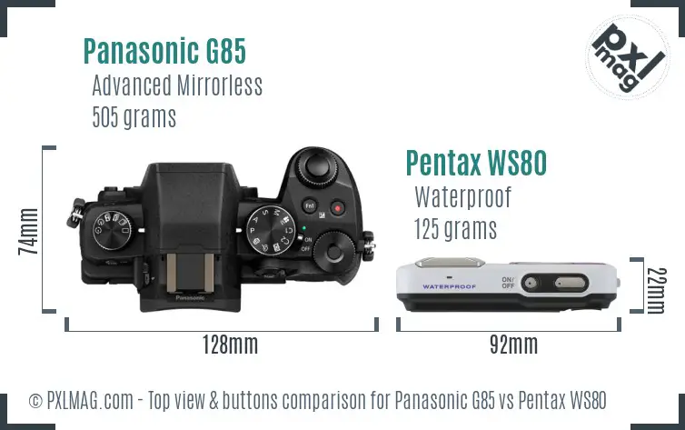 Panasonic G85 vs Pentax WS80 top view buttons comparison