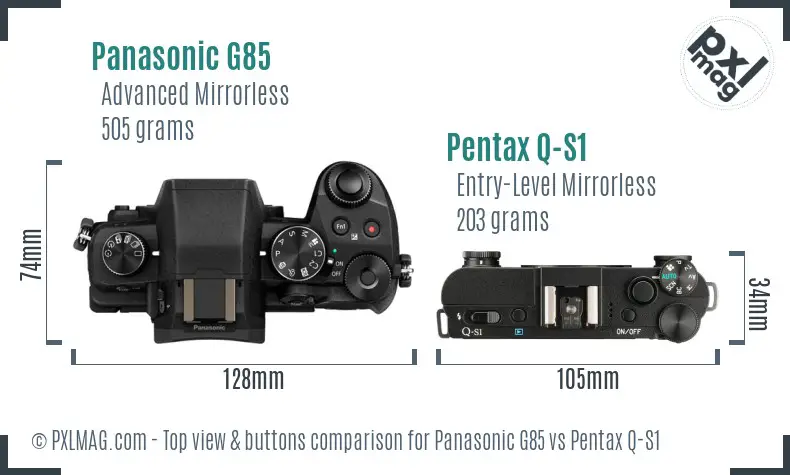 Panasonic G85 vs Pentax Q-S1 top view buttons comparison