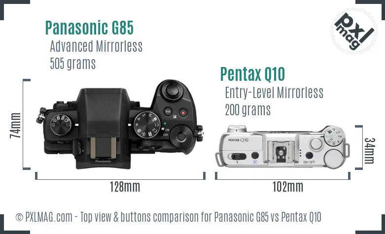 Panasonic G85 vs Pentax Q10 top view buttons comparison