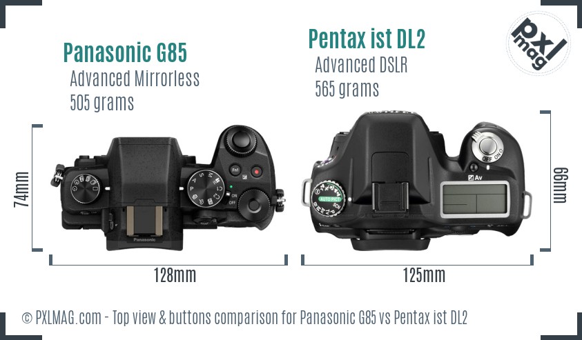 Panasonic G85 vs Pentax ist DL2 top view buttons comparison