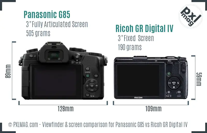 Panasonic G85 vs Ricoh GR Digital IV Screen and Viewfinder comparison