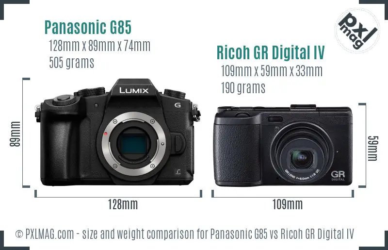 Panasonic G85 vs Ricoh GR Digital IV size comparison