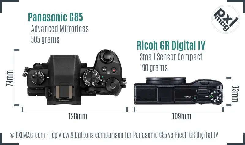 Panasonic G85 vs Ricoh GR Digital IV top view buttons comparison