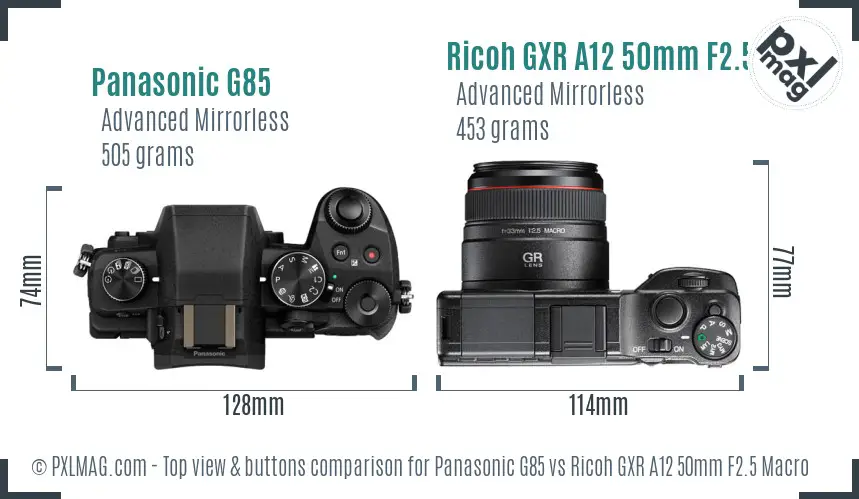Panasonic G85 vs Ricoh GXR A12 50mm F2.5 Macro top view buttons comparison