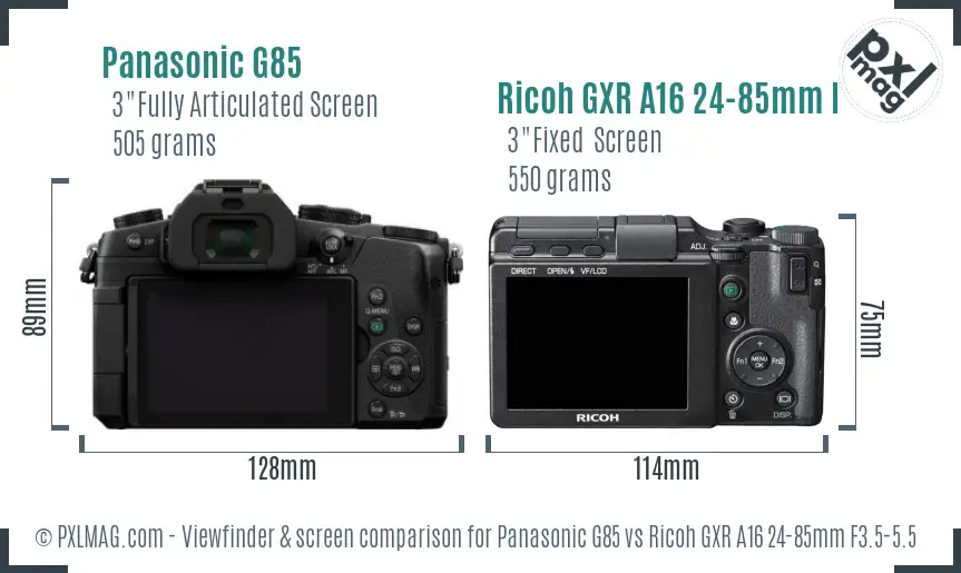 Panasonic G85 vs Ricoh GXR A16 24-85mm F3.5-5.5 Screen and Viewfinder comparison