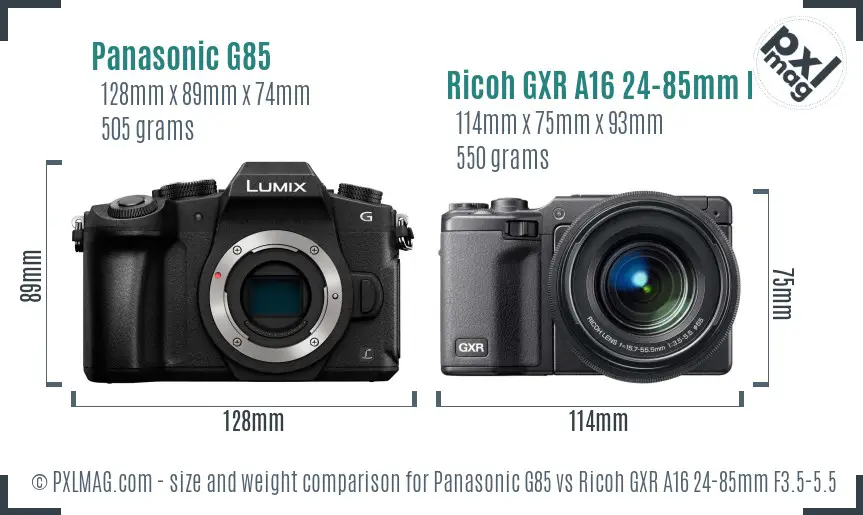 Panasonic G85 vs Ricoh GXR A16 24-85mm F3.5-5.5 size comparison