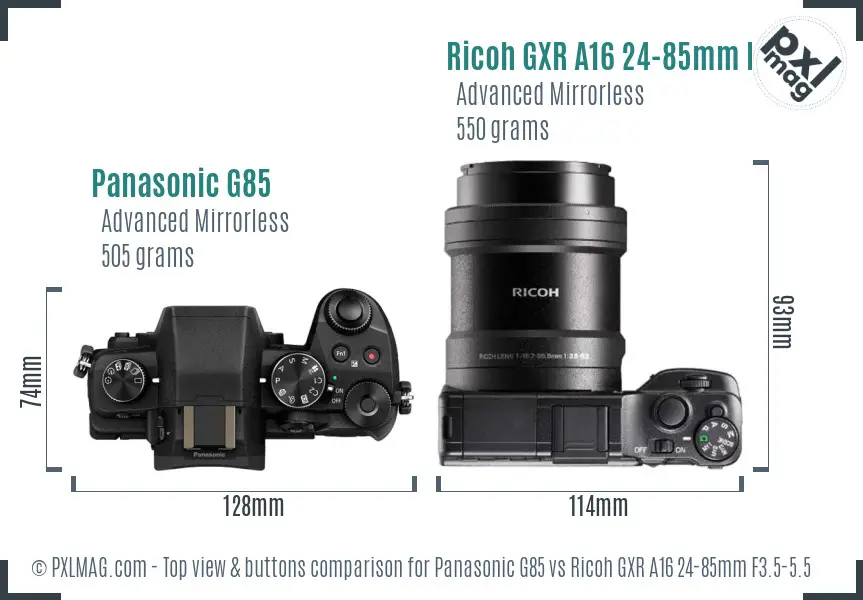 Panasonic G85 vs Ricoh GXR A16 24-85mm F3.5-5.5 top view buttons comparison